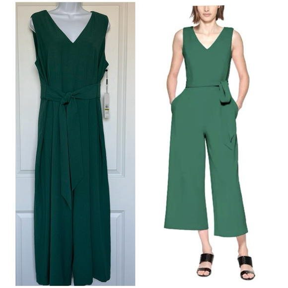 NWT Calvin Klein Green Crinkle‎ Wide Leg Crop Jumpsuit Sz 14 Sleeveless Belted - Picture 1 of 16
